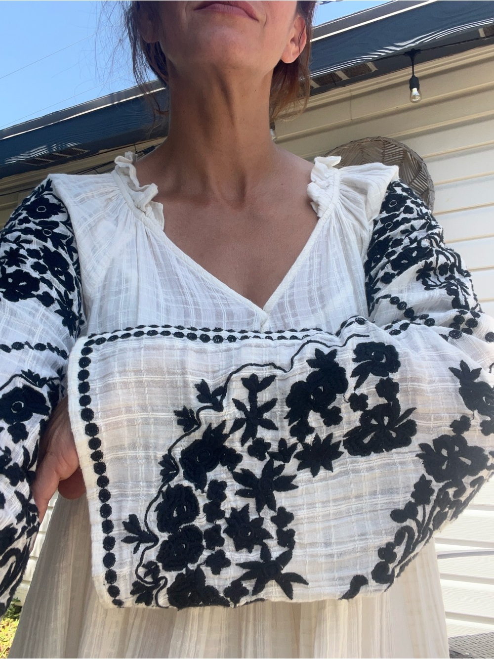 Free People White Gauze Dress with Black Embroidered Sleeves
